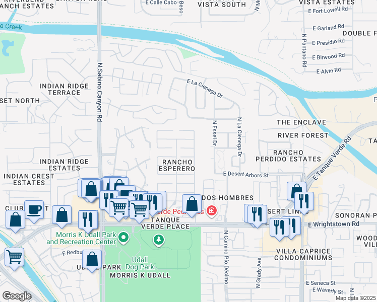 map of restaurants, bars, coffee shops, grocery stores, and more near 7452 East Placita Luz de La Luna in Tucson