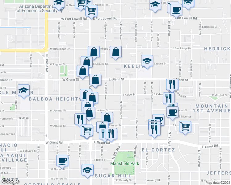 map of restaurants, bars, coffee shops, grocery stores, and more near 237 East Kelso Street in Tucson