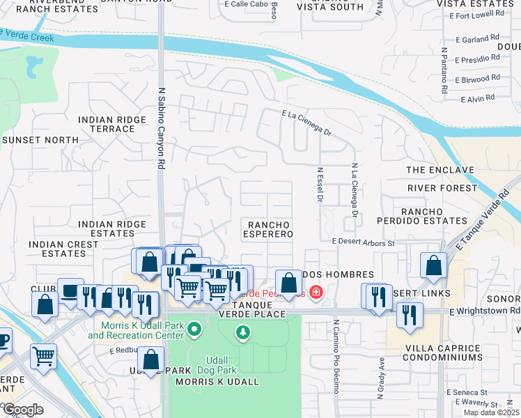 map of restaurants, bars, coffee shops, grocery stores, and more near 7382 East Placita Luz de La Luna in Tucson