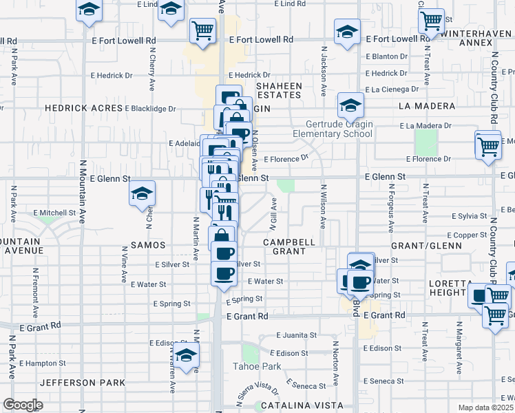 map of restaurants, bars, coffee shops, grocery stores, and more near 2034 East Conner Stravenue in Tucson