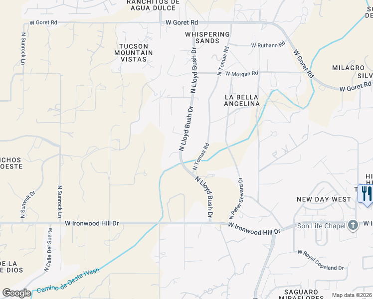 map of restaurants, bars, coffee shops, grocery stores, and more near 2690 North Lloyd Bush Drive in Tucson