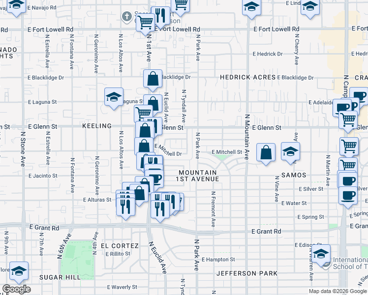 map of restaurants, bars, coffee shops, grocery stores, and more near 2733 North Tyndall Avenue in Tucson
