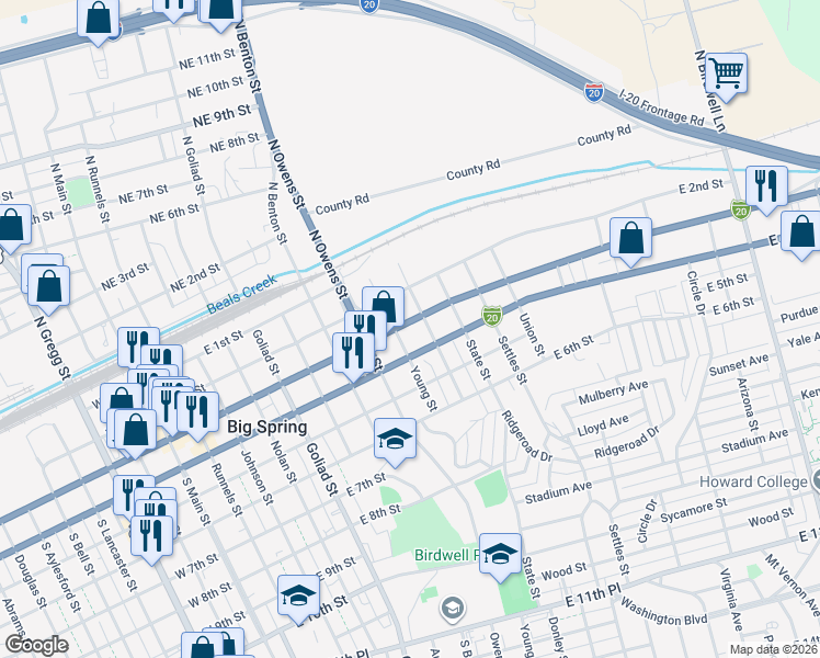 map of restaurants, bars, coffee shops, grocery stores, and more near 904 East 3rd Street in Big Spring