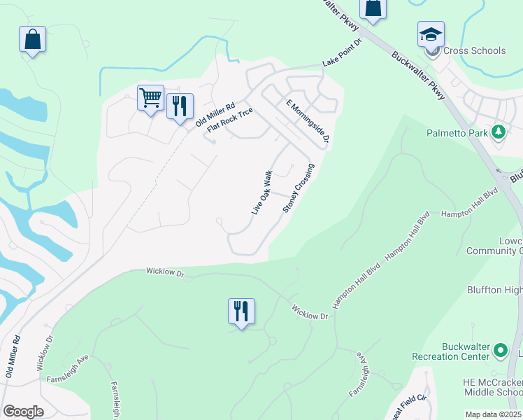 map of restaurants, bars, coffee shops, grocery stores, and more near 451 Live Oak Walk in Bluffton
