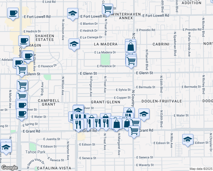 map of restaurants, bars, coffee shops, grocery stores, and more near 2802 North Treat Avenue in Tucson