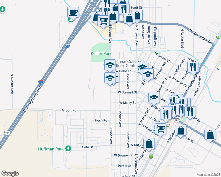 map of restaurants, bars, coffee shops, grocery stores, and more near 240 North Bisbee Avenue in Willcox