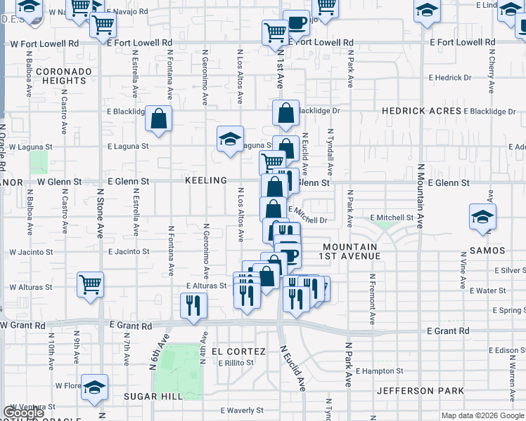 map of restaurants, bars, coffee shops, grocery stores, and more near 527 East Kelso Street in Tucson