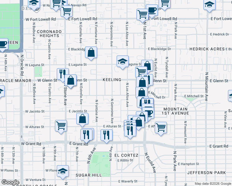 map of restaurants, bars, coffee shops, grocery stores, and more near 2702 North Geronimo Avenue in Tucson