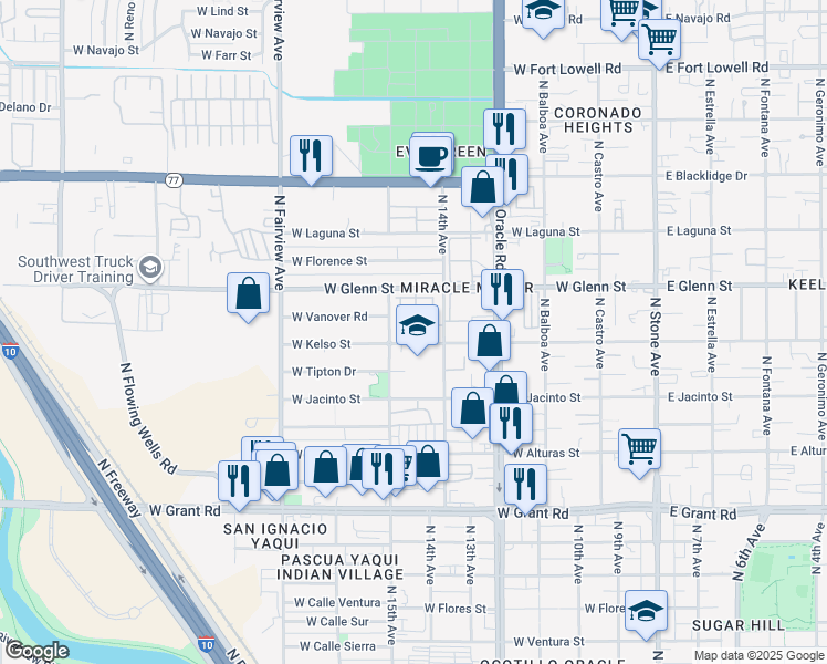 map of restaurants, bars, coffee shops, grocery stores, and more near 2717 North Pacific Drive in Tucson