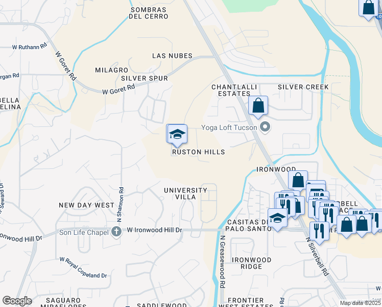 map of restaurants, bars, coffee shops, grocery stores, and more near 2593 West McClure Court in Tucson