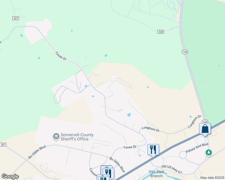 map of restaurants, bars, coffee shops, grocery stores, and more near 116 Camelot Street in Glen Rose