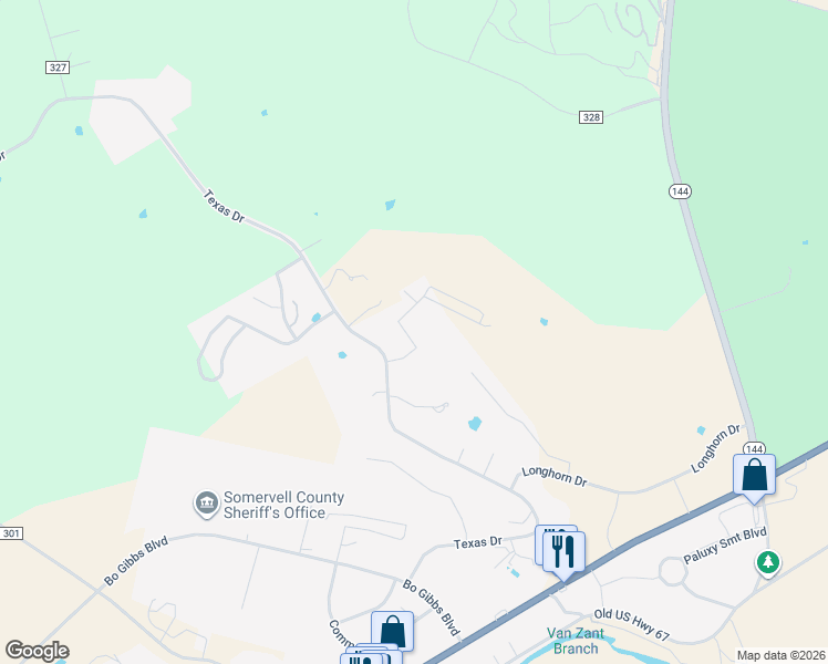 map of restaurants, bars, coffee shops, grocery stores, and more near 116 Camelot Street in Glen Rose