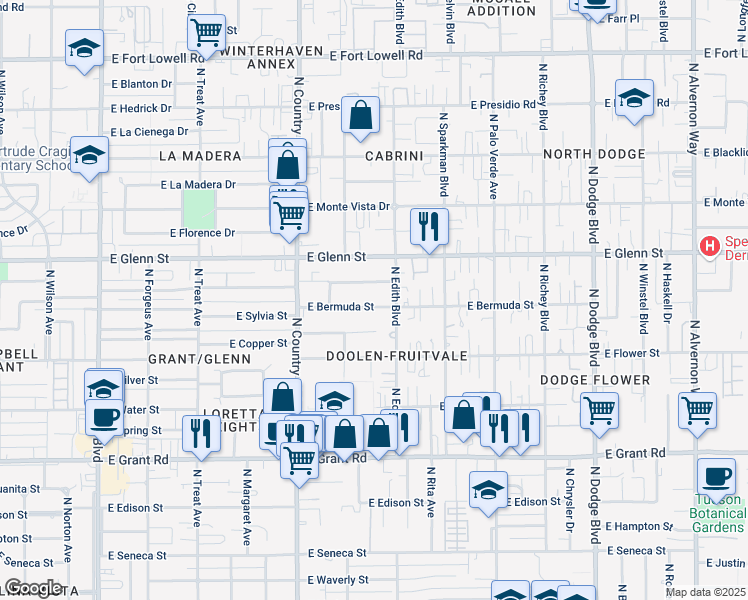 map of restaurants, bars, coffee shops, grocery stores, and more near 3233 East Bermuda Street in Tucson