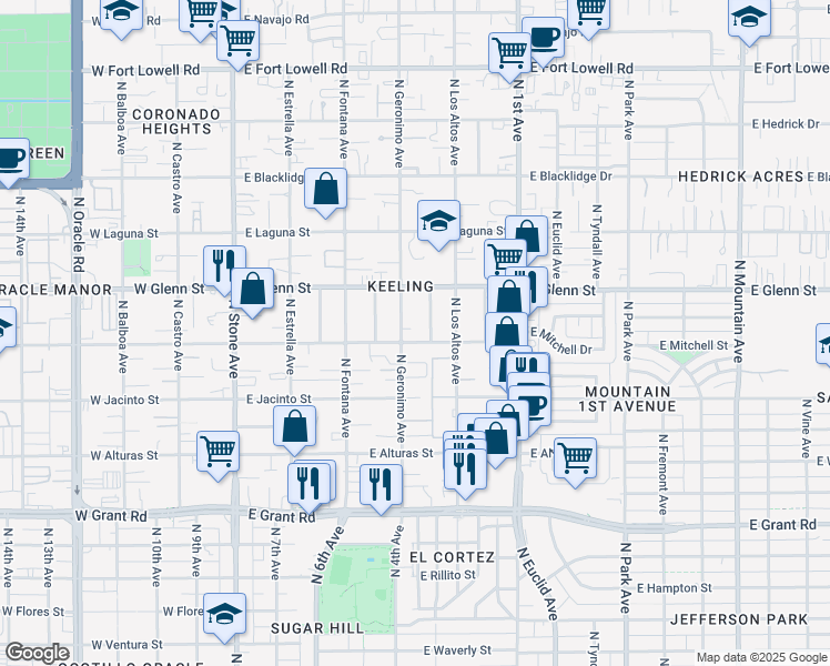 map of restaurants, bars, coffee shops, grocery stores, and more near 2702 North Geronimo Avenue in Tucson