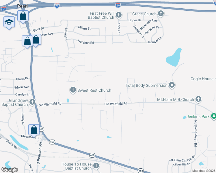 map of restaurants, bars, coffee shops, grocery stores, and more near 417 Old Whitfield Road in Pearl