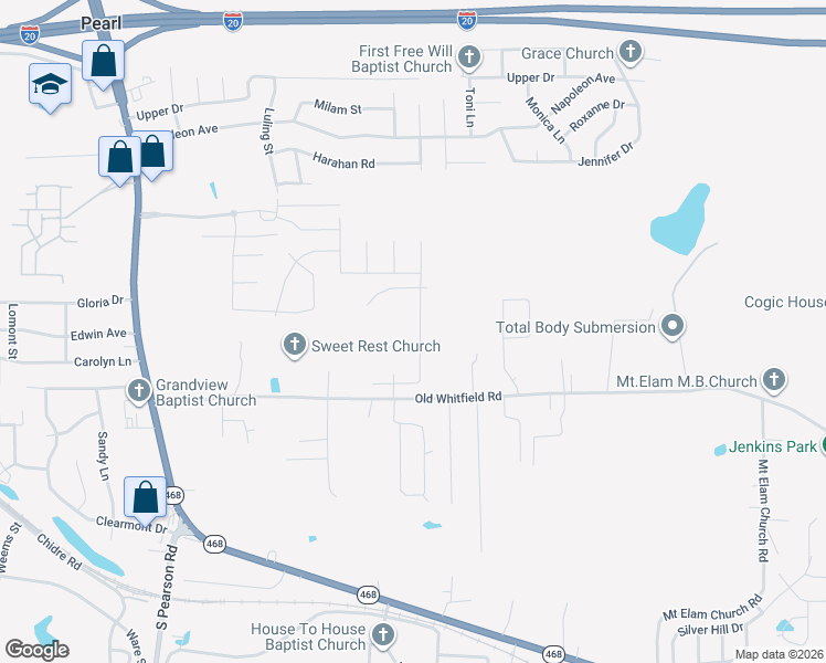 map of restaurants, bars, coffee shops, grocery stores, and more near 417 Old Whitfield Road in Pearl