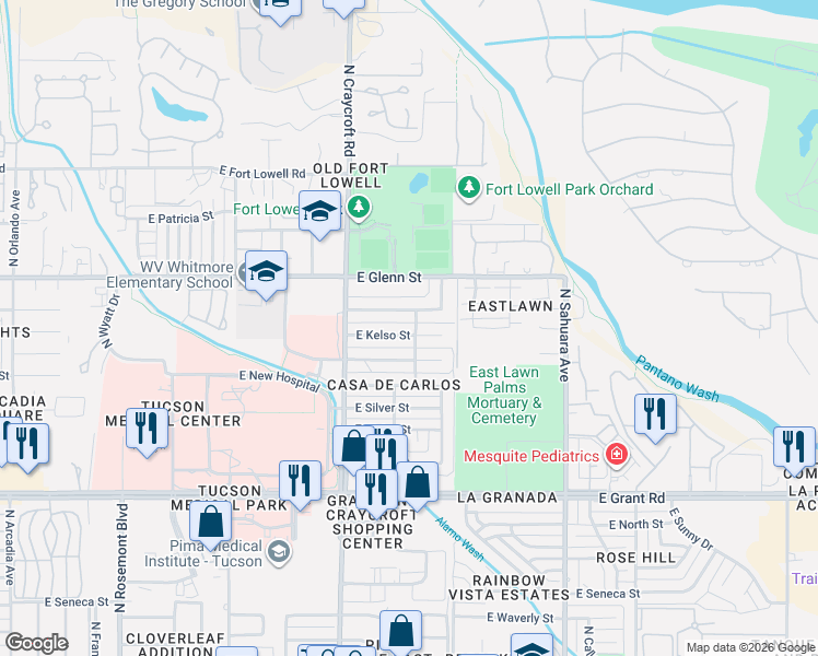 map of restaurants, bars, coffee shops, grocery stores, and more near 5631 East Kelso Street in Tucson