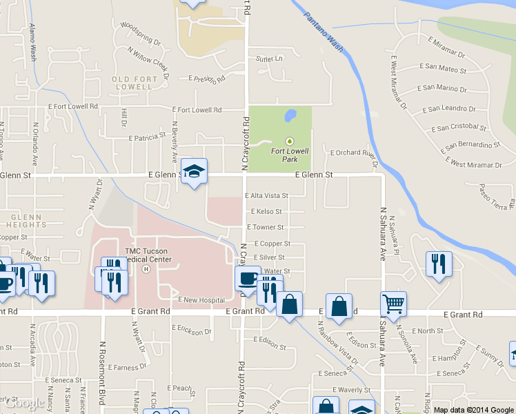 map of restaurants, bars, coffee shops, grocery stores, and more near 5541 East Kelso Street in Tucson