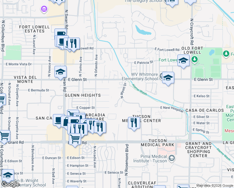 map of restaurants, bars, coffee shops, grocery stores, and more near 4950 East Bermuda Street in Tucson