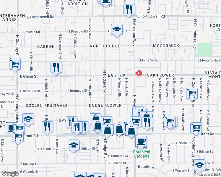 map of restaurants, bars, coffee shops, grocery stores, and more near 2718 North Baxter Avenue in Tucson