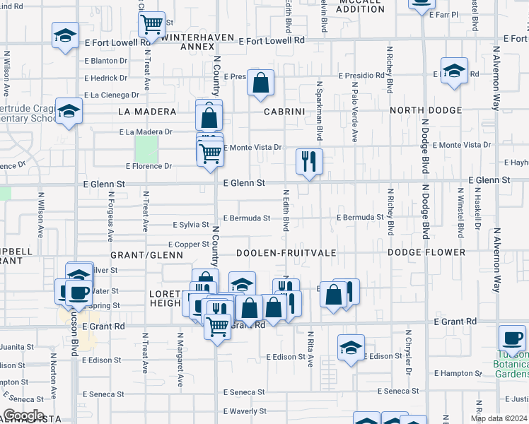 map of restaurants, bars, coffee shops, grocery stores, and more near 3233 East Bermuda Street in Tucson