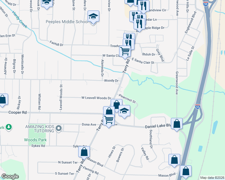 map of restaurants, bars, coffee shops, grocery stores, and more near 3257 Terry Road in Jackson