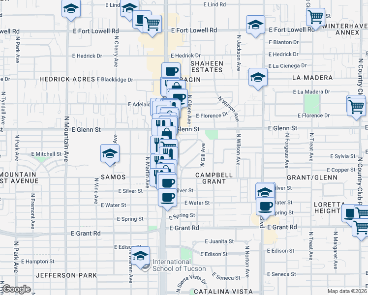 map of restaurants, bars, coffee shops, grocery stores, and more near 2034 East Conner Stravenue in Tucson