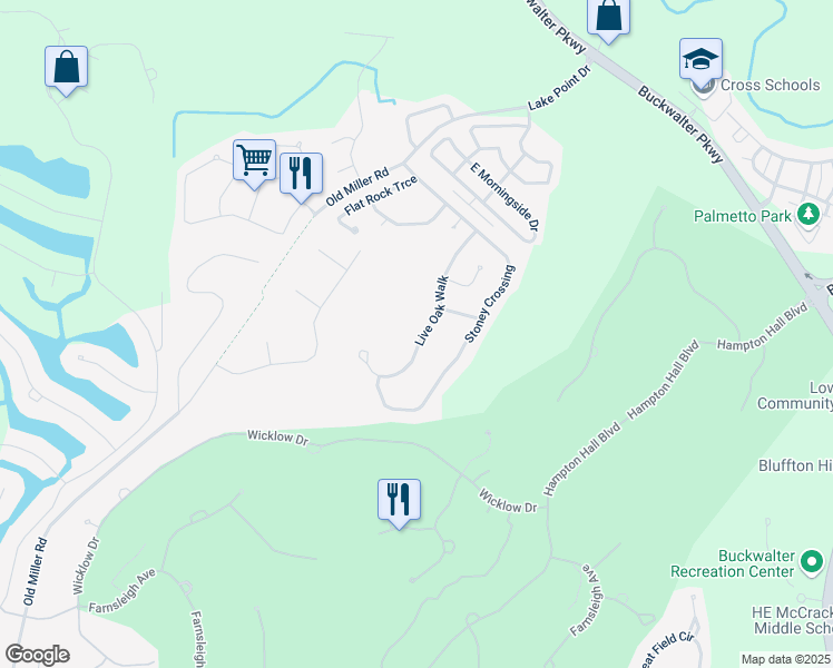 map of restaurants, bars, coffee shops, grocery stores, and more near 451 Live Oak Walk in Bluffton