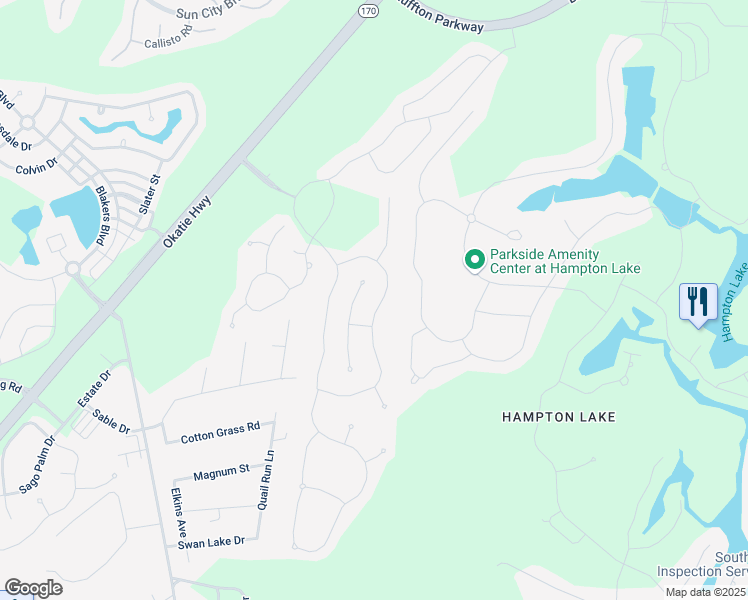 map of restaurants, bars, coffee shops, grocery stores, and more near 36 Station Loop in Bluffton