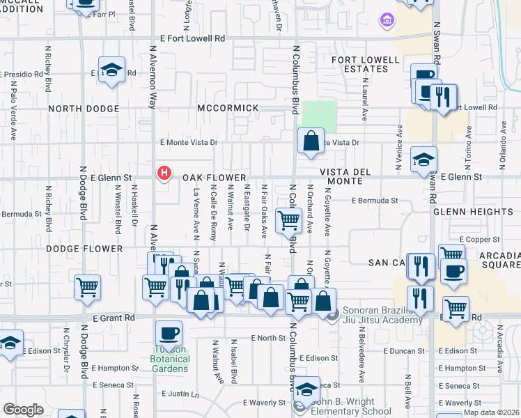 map of restaurants, bars, coffee shops, grocery stores, and more near 2709 North Fair Oaks Avenue in Tucson