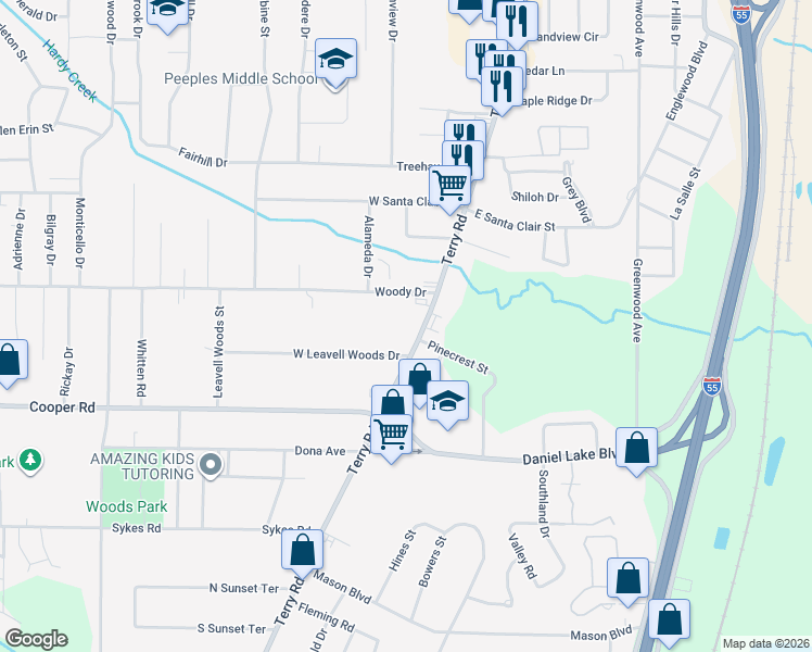map of restaurants, bars, coffee shops, grocery stores, and more near 3257 Terry Road in Jackson