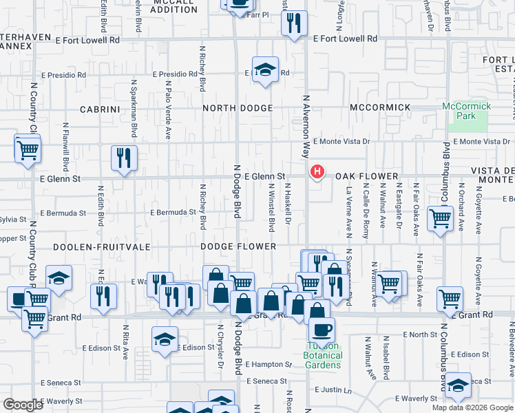 map of restaurants, bars, coffee shops, grocery stores, and more near 2726 North Baxter Avenue in Tucson