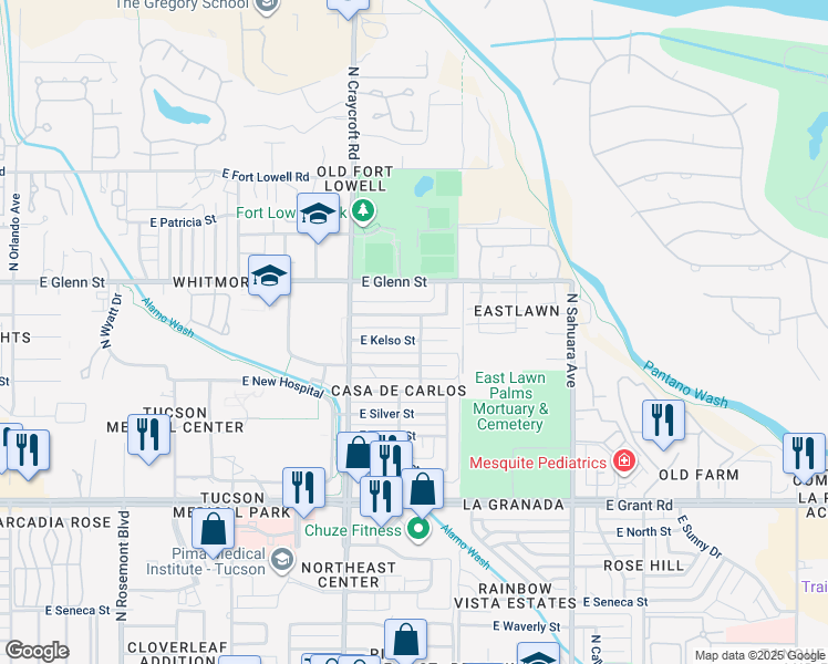 map of restaurants, bars, coffee shops, grocery stores, and more near 5631 East Kelso Street in Tucson