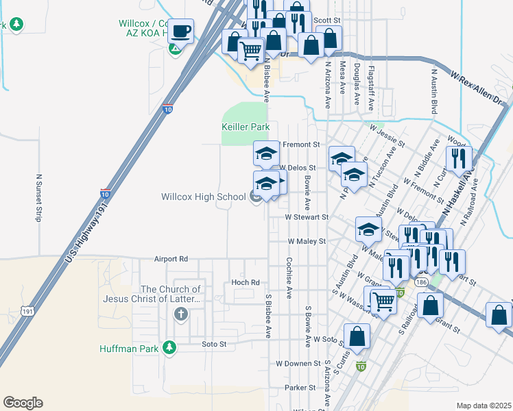 map of restaurants, bars, coffee shops, grocery stores, and more near 240 North Bisbee Avenue in Willcox