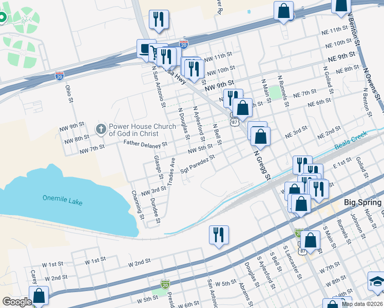 map of restaurants, bars, coffee shops, grocery stores, and more near 701 Northwest 5th Street in Big Spring