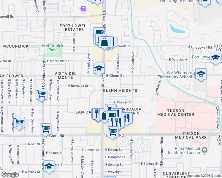 map of restaurants, bars, coffee shops, grocery stores, and more near 4725 East Bermuda Street in Tucson