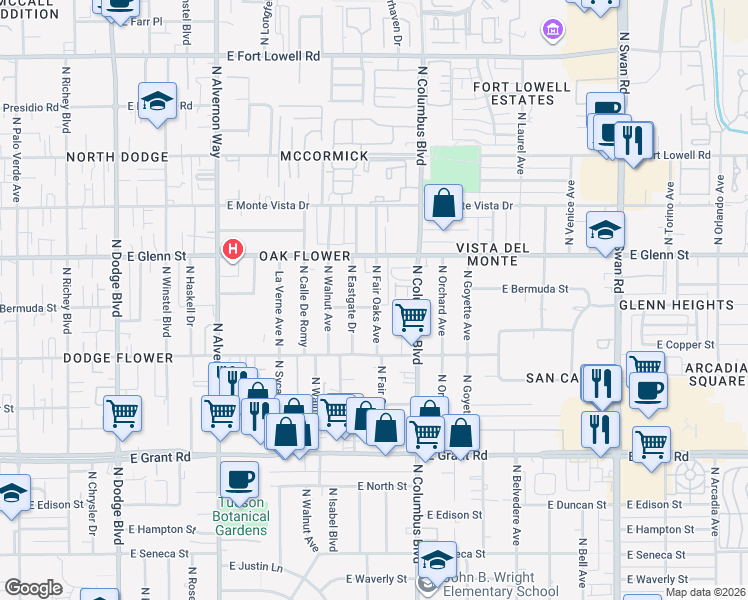map of restaurants, bars, coffee shops, grocery stores, and more near 2715 North Fair Oaks Avenue in Tucson
