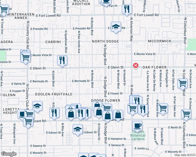 map of restaurants, bars, coffee shops, grocery stores, and more near 2702 North Richey Boulevard in Tucson
