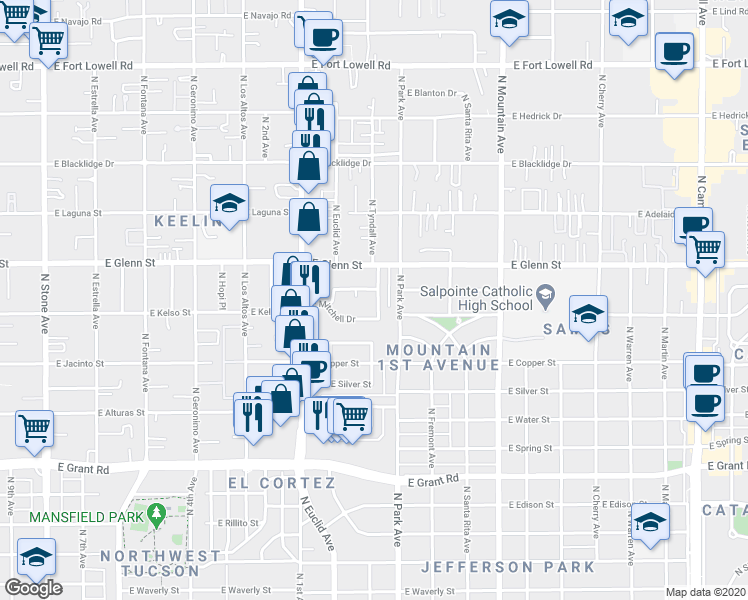 map of restaurants, bars, coffee shops, grocery stores, and more near 2733 North Tyndall Avenue in Tucson