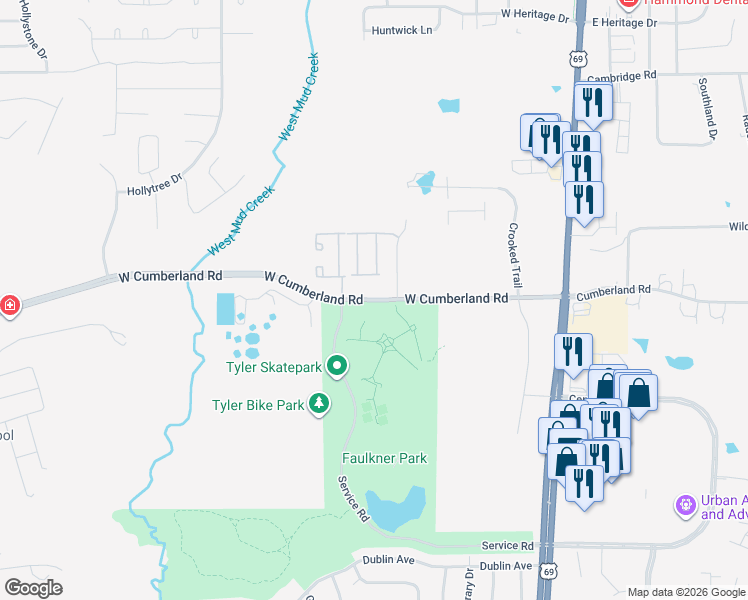 map of restaurants, bars, coffee shops, grocery stores, and more near 413 West Cumberland Road in Tyler