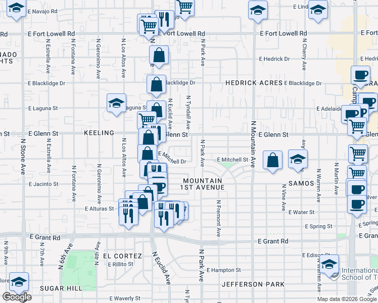 map of restaurants, bars, coffee shops, grocery stores, and more near 2733 North Tyndall Avenue in Tucson