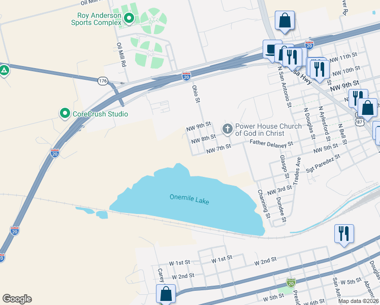 map of restaurants, bars, coffee shops, grocery stores, and more near 1465-1499 Northwest 7th Street in Big Spring