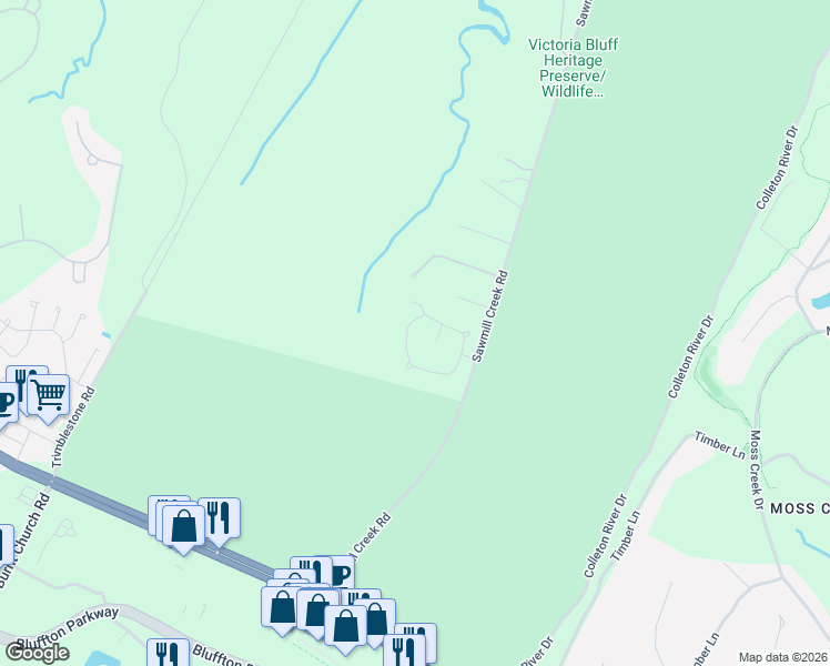 map of restaurants, bars, coffee shops, grocery stores, and more near 29 Old Sawmill Drive in Bluffton