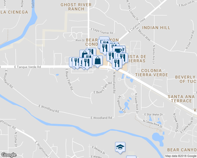 map of restaurants, bars, coffee shops, grocery stores, and more near 9037 East Cottontail Way in Tucson