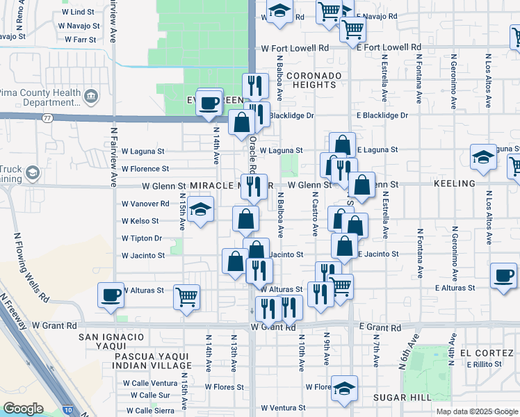 map of restaurants, bars, coffee shops, grocery stores, and more near 2700 North Oracle Road in Tucson