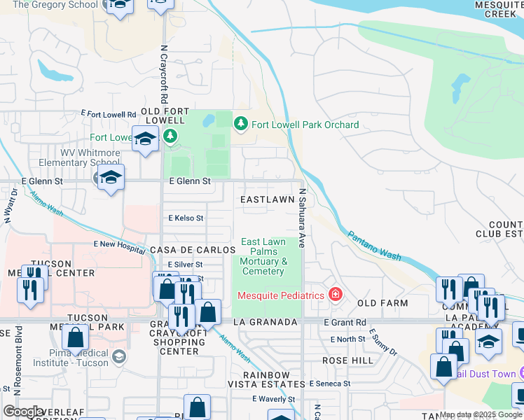 map of restaurants, bars, coffee shops, grocery stores, and more near 5757 East Bellow Lane in Tucson