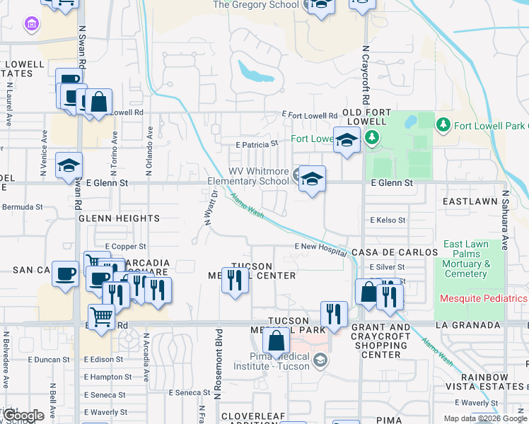 map of restaurants, bars, coffee shops, grocery stores, and more near 5214 East Bermuda Street in Tucson