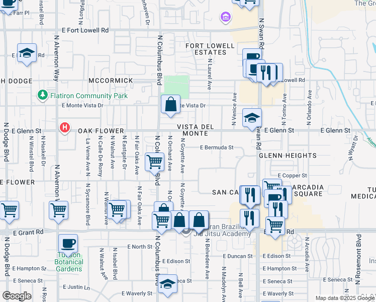 map of restaurants, bars, coffee shops, grocery stores, and more near 4425 East San Carlos Place South in Tucson