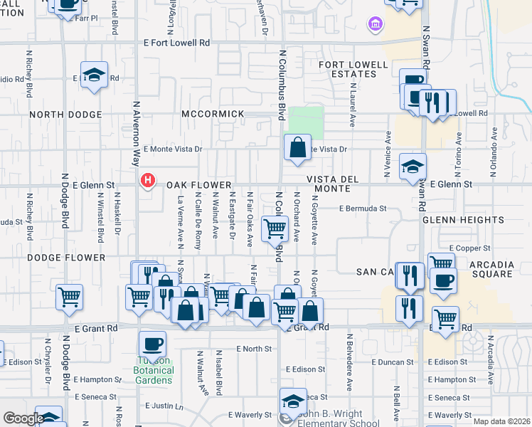 map of restaurants, bars, coffee shops, grocery stores, and more near 2652 North Fair Oaks Avenue in Tucson