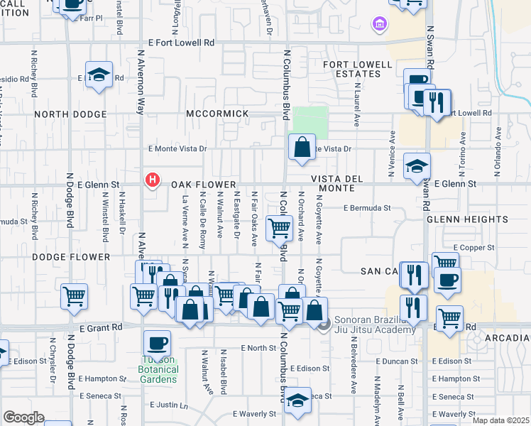 map of restaurants, bars, coffee shops, grocery stores, and more near 2652 North Fair Oaks Avenue in Tucson